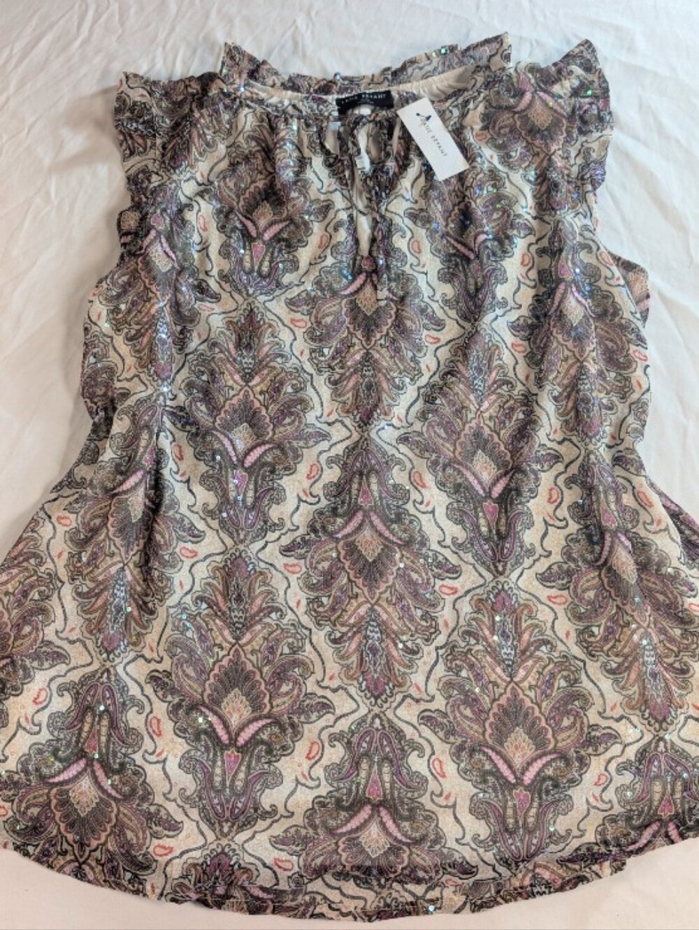 Lane Bryant Paisley Ruffle Mock Neck Sleeveless Top - Cream & Pink